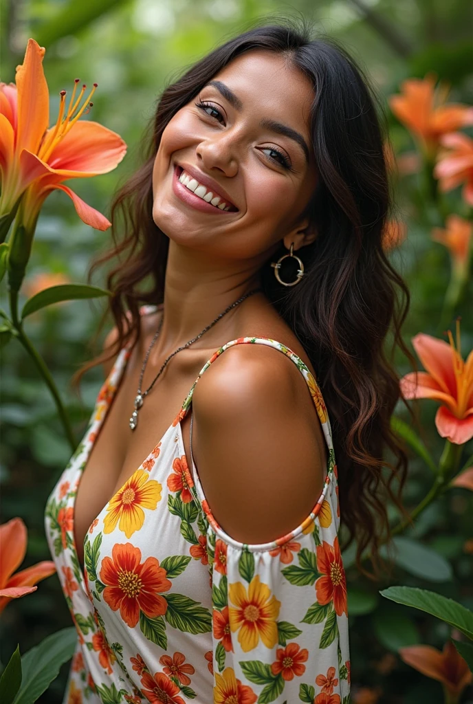 A Brazilian woman in a lush tropical garden, wearing an open shirt with a floral print, with a close-up capturing the harmonious beauty between her breasts and the natural flowers, showing off your natural charm and outgoing personality.