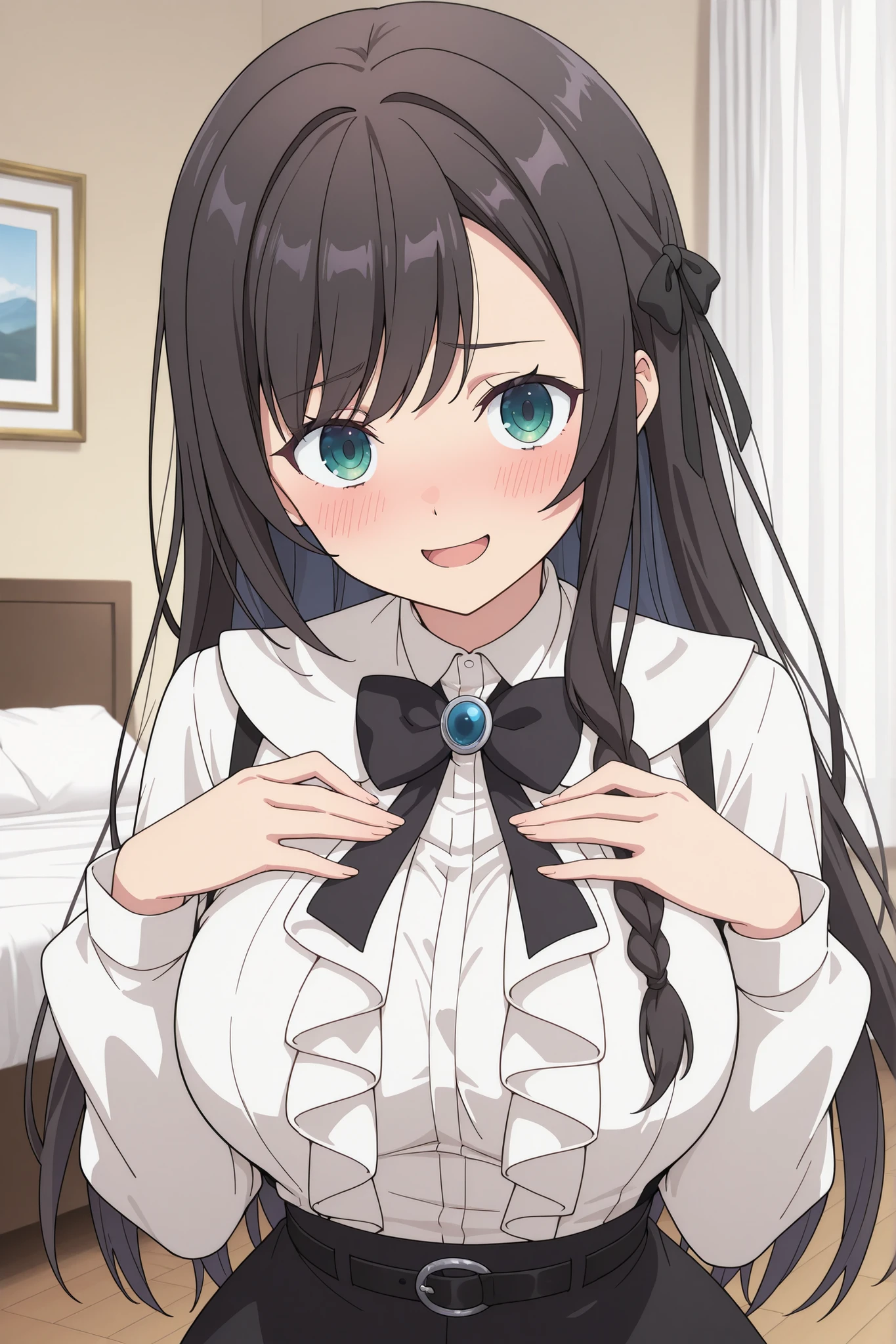 {{{masterpiece}}}, {{{best quality}}}, {{ultra-detailed}}, (detailed skin texture),solo,
alina clover (girumasu), long hair, black hair, swept bangs, (black hair ribbon), single braid, blue eyes, (green eyes:0.8), beautiful , white blouse, suspenders, black bowtie, jewelry, center frills, long sleeves, black skirt, belt, o-ring, white socks, mary janes, looking at viewer, cute smile,embarrassed ,open mouth, standing, straight posture, large living room, bed, white curtains , (upper body), hands on , upturned eyes