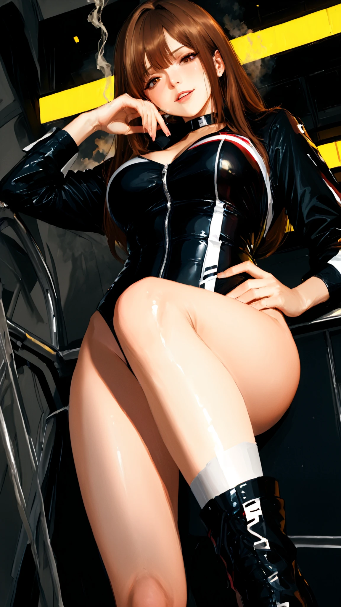 a woman, standing, full body, ((solo)),close up, (dynamic pose:0.9), photorealistic, (hyperrealistic:1.2), beautiful, masterpiece, best quality, extremely detailed face, perfect lighting, medium breasts, (wide hips:1.2), nsfw, (from front), glowing, , (( black long hair)), perfect eyes, large eyes, curly eyelashes,(( dressed as a firefighter)) , (exited face:1.1) , ((perfect face)), ((fishnets)), (((horny))), ((perfect hands)), ((perfect hands),(full body))