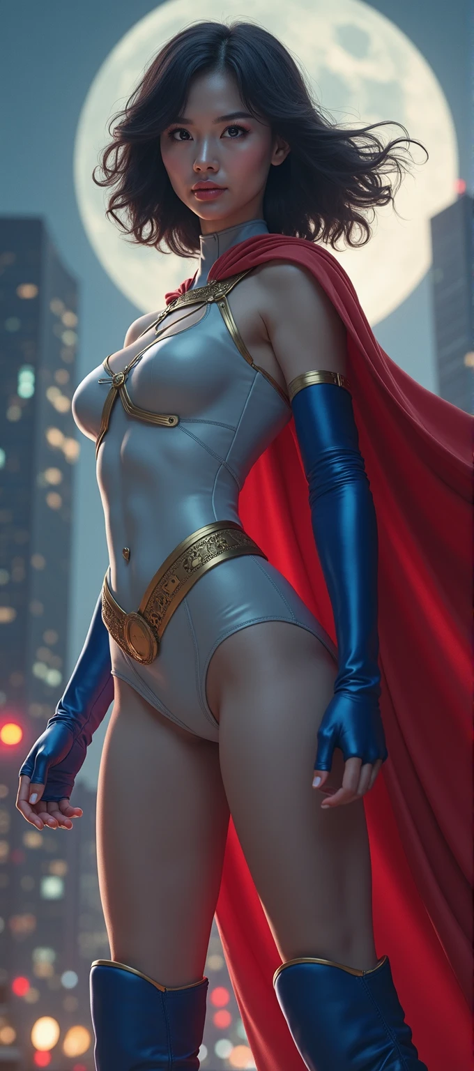 Gorgeous and sultry busty athletic (thin) brunette with sharp facial features wearing a white and gold superhero leotard, cape, gloves, thigh-high boots. Standing, city street.