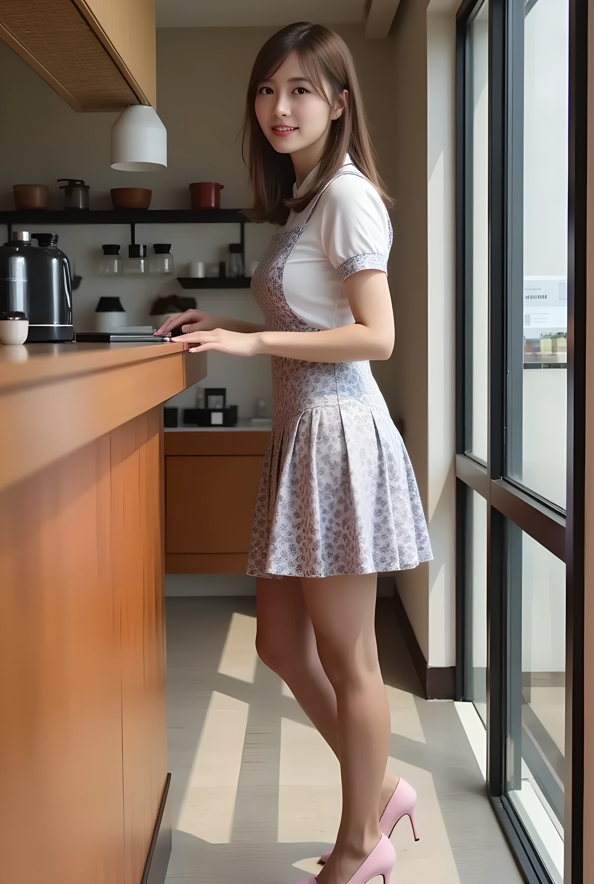 super realistic , photorealistic , (Full body image:1.5), she looks so happy , shadow, 1 giant chubby black cat , Alone, (Japanese woman in her 20s :1.5), so beautiful、 Cute Smiles , Slim, brown hair , beautiful legs , Long, slender legs , Surimi West , She's wearing a receptionist ,wearing a bus guide , turn your body forward、 white hair,full body photo ,Please take a picture up to the tip of your foot ,wear brown pantyhose on her legs ,When the light hits stockings, they reflects beautifully., wearing pink high heels ,