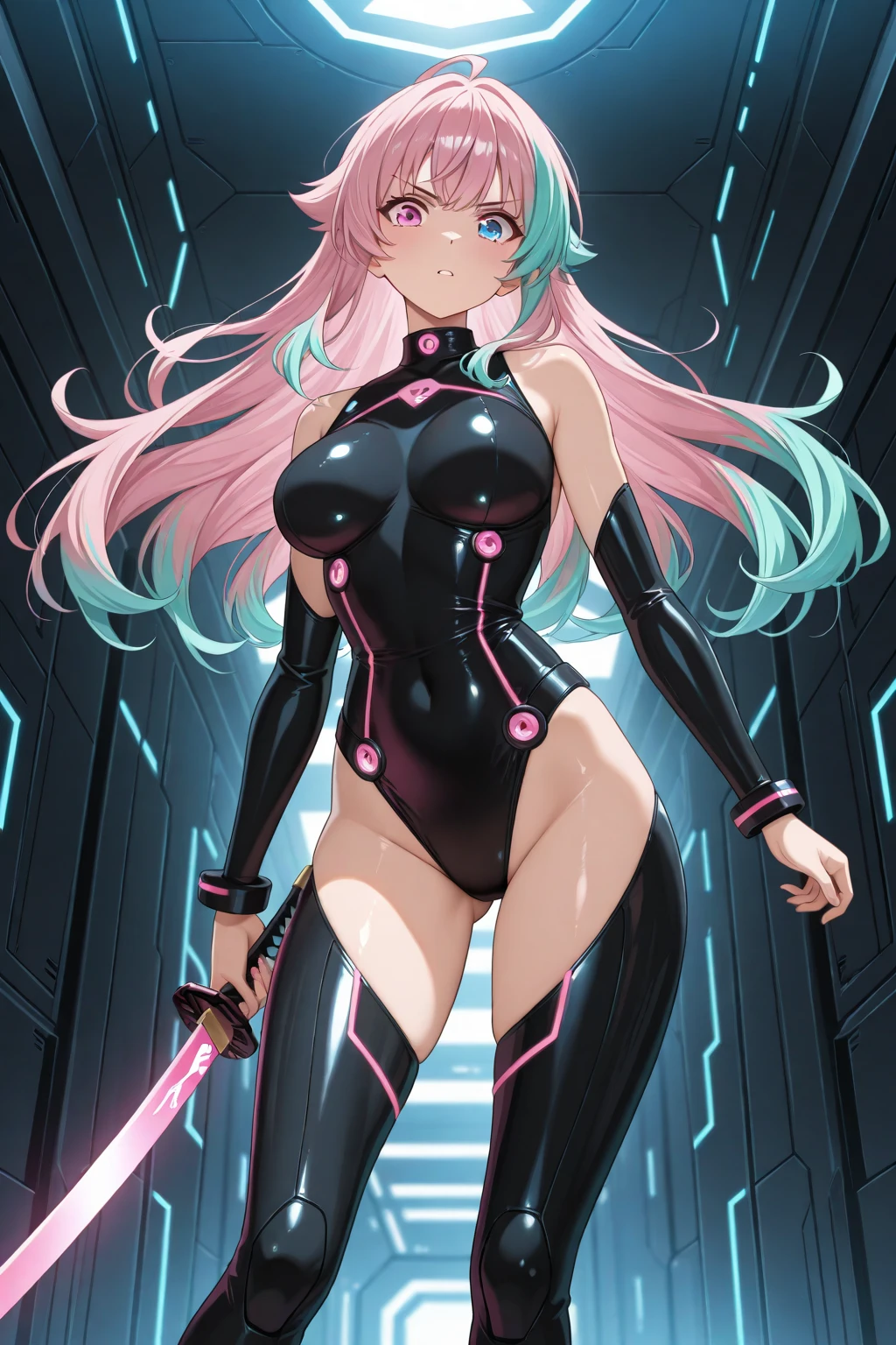 female, blue green long hair, green eyes, (((1girl))), (((dark pink sleeveless cybernetic bodysuit))), (cybernetic gauntlets), (cybernetic boots), (black belt), cute and sexy, big breasts, big butt, full body, long legs, smiling