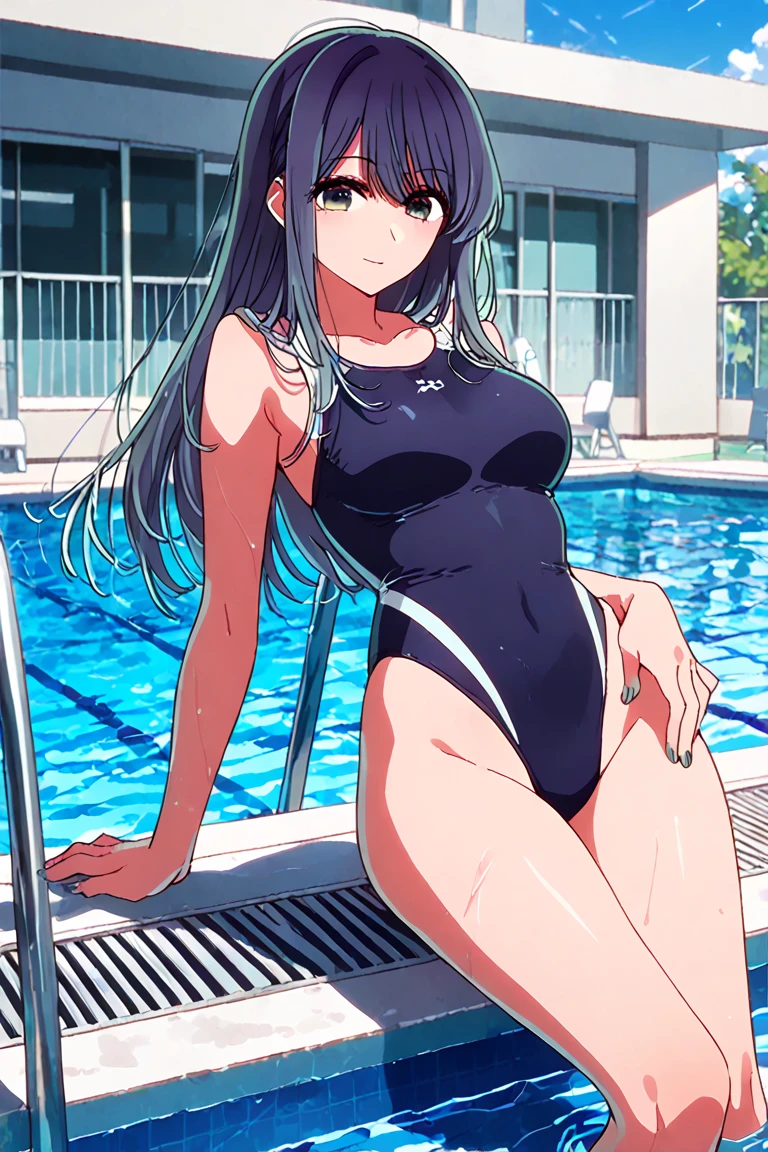 Highest quality, masterpiece, ((Big Breasts)), School Swimsuit, Blue Hair, Glasses, Poolside