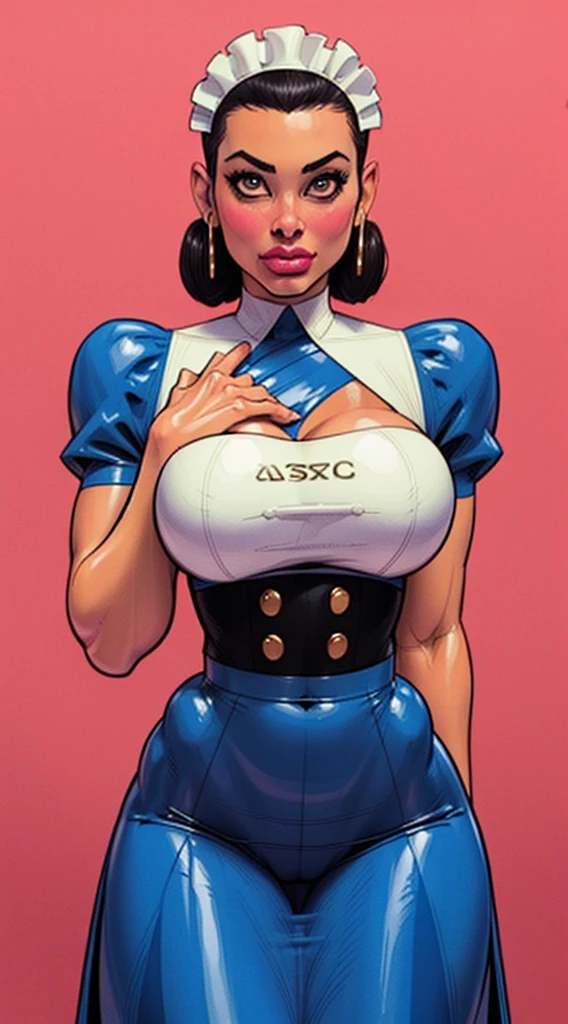 in PIT-Erotic-style style, Bright ginger long and thick hair, twin tails barrettes, (wearing red, white and blue stars and stripes bandana on head), blunt bangs, heavy freckled skin, thick lips, (wearing a Purple, Chromed and gold American Football Uniform with Padded football pants with logos), midriff, (muscular female:1.2), (large breasts:1.2), (large butt), cheery and determined expression, walking and flaunting herself down a Women's locker room with a couple of other random women football players on a bench ogling her, her blowing gigantic bubble gum