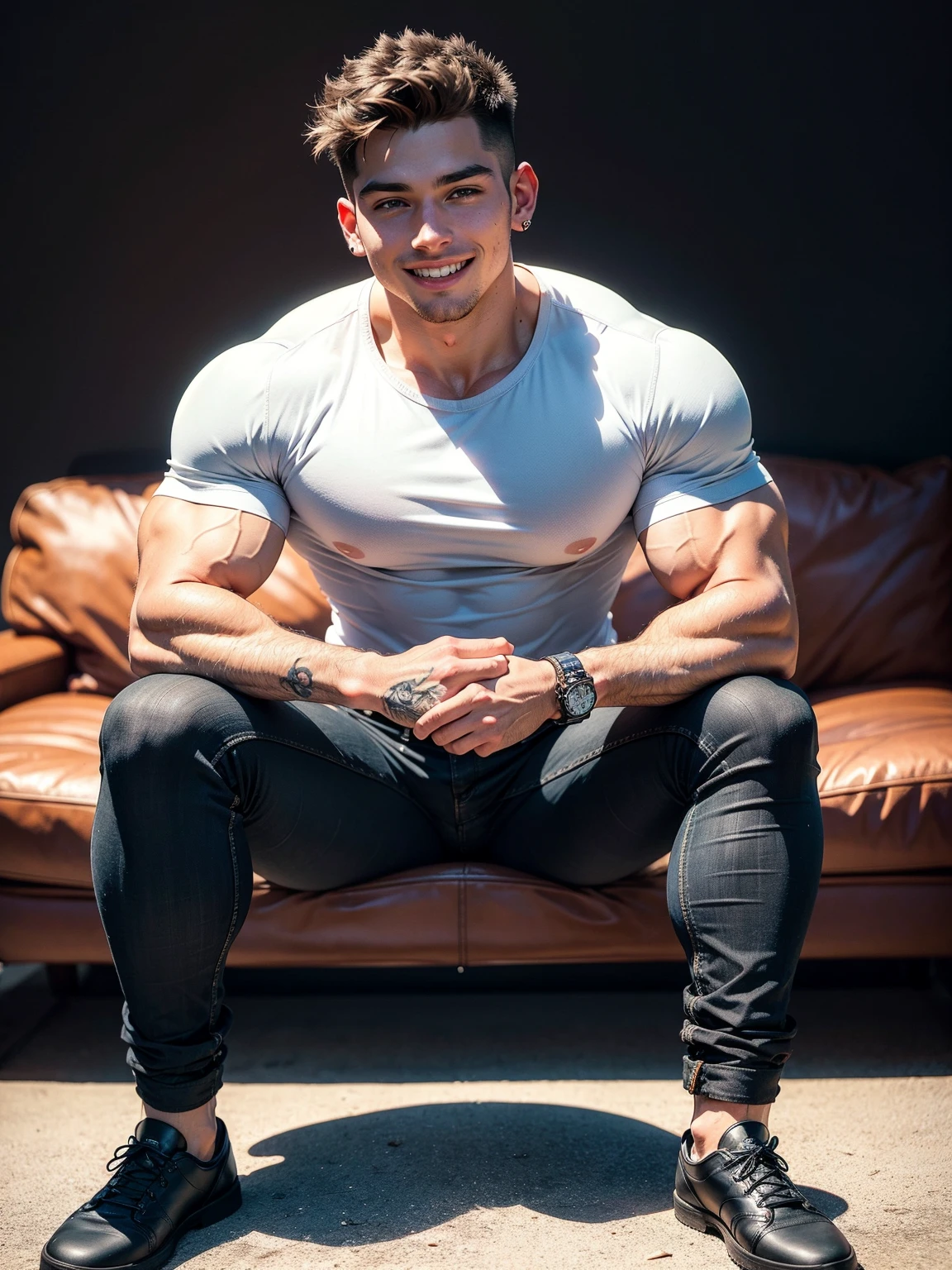 Athletic hunk man with very short hair, tight jeans, very high stiletto heels with pointy toes, earrings, bra ,nylons