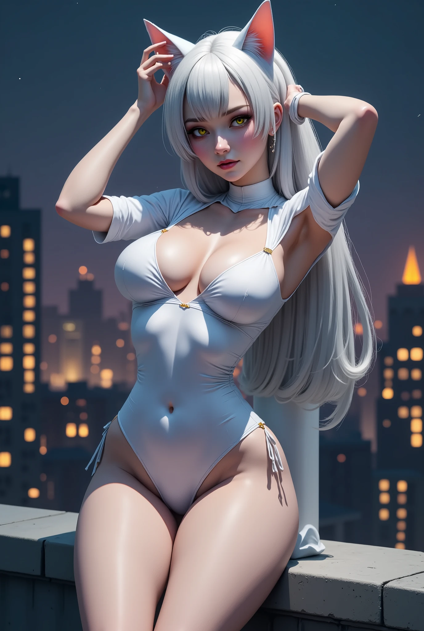Best Quality, 超High Resolution, (Photorealistic:1.3), RAW photo, 1girl, fine details, ((bright yellow eyes)), ((burgundy eye shadow)), bright white hair, wolf ears, wolf tail, Masterpiece, NSFW, depraved embarrassed posture, Posing, Innocent Summer White Dress, Shoulder Opening, Long manicure, Fabric exposure,
