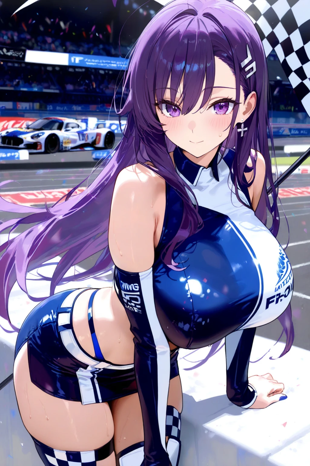 beautiful woman, purple hair, bright blue eyes, glowing eyes, lots of freckles, gigantic breasts, extreme cleavage, deep cleavage, thin body, extremely long hair, unzipped racing suit, racing suit unzipped down to bellybutton, seductive pose, standing near motorcycle, extreme blushing, smiling, ultra detailed, race track background, masterpiece, 8k