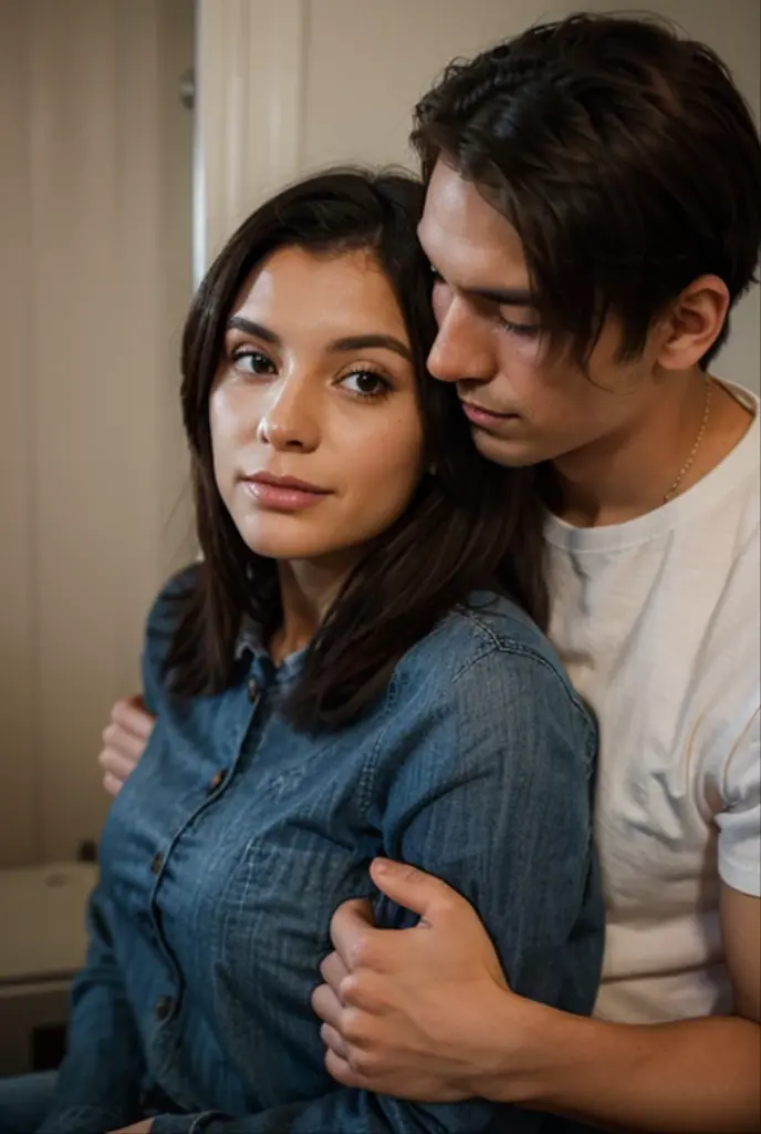 a mysterious young man and an innocent young woman, authoritarian man, demanding kiss ,she from the front,showing her hairy pussy,