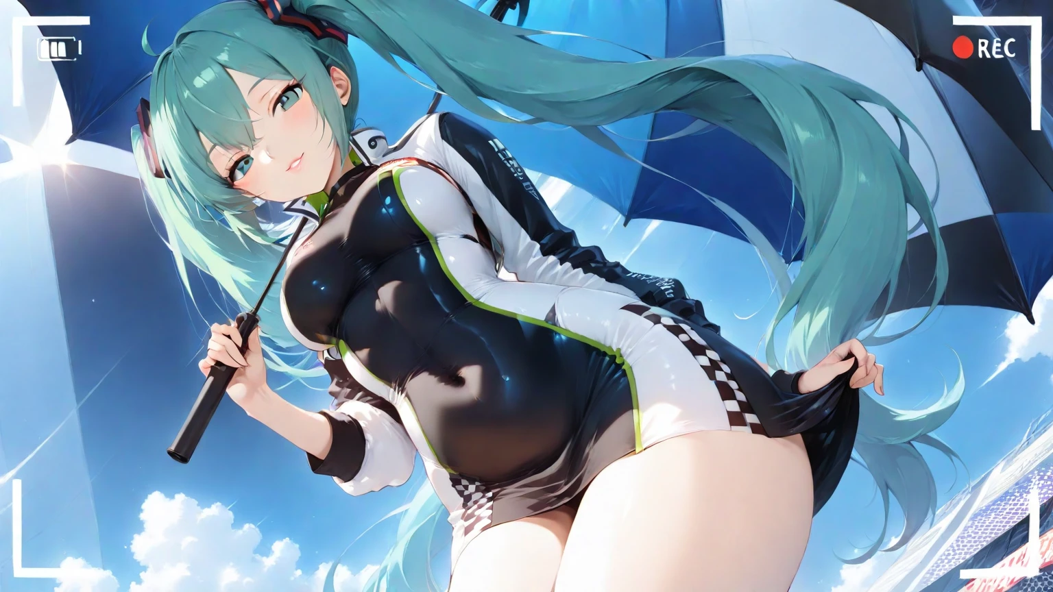 masterpiece,(Super detailed),1 girl, light blue long hair、twin tails、bright smile,  A packed audience、Yellow Porsche racing car(whole),  colorful umbrellas next to the car、 lace queen, rainbow colored leotard, Two-tone gloves, thigh boots,