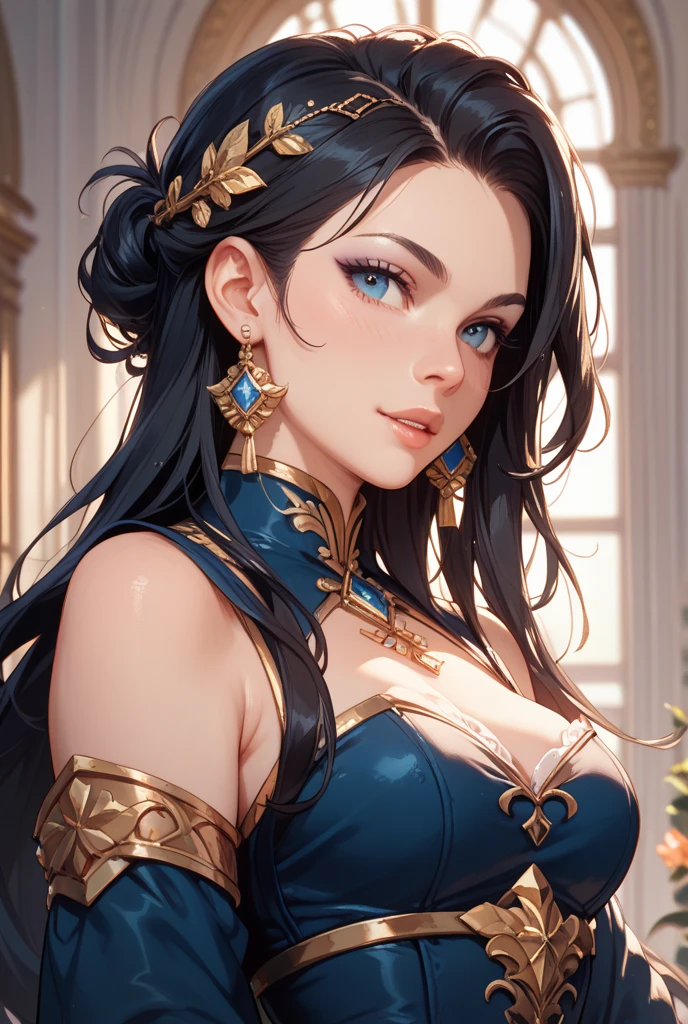 a close up of a woman in a blue dress with a feathered headpiece, detailed fantasy art, epic exquisite character art, 2. 5 d cgi anime fantasy artwork, stunning character art, 4k fantasy art, pale blue armor, highly detailed fantasy art, detailed fantasy digital art, clothed in ethereal armor, fantasy art style, beautiful armor, beautiful fantasy art, large breasts, muscular athletic body, large smile