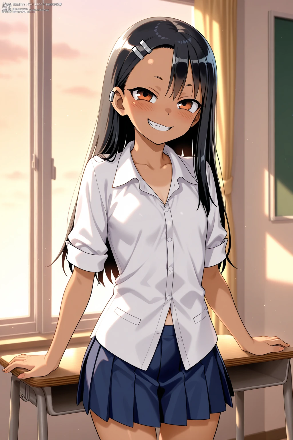 nagatoro hayase, blue skirt, cleavage, small breasts, (from below:1.2), bent over, grin, blush, best quality, masterpiece, perfect lighting, arms behind back,