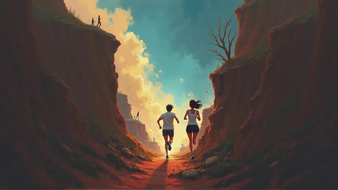 a couple running joy on grass a big sky background, camera view from so far, detailed couple, detailed sky, detailed grass, best quality, highly detailed, masterpiece, 8k scene.