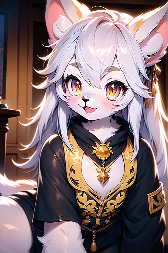 Anthropomorphic female character with wolf-woman body, Wearing luxurious clothing, vibrant fur colors, Detailed  features, expressive eyes, soft lips, character eats a meal, realistic rendering, high resolution illustration, realistic lighting, professional illustration, soft and gentle color palette, diner pose, graceful movement, engaging expression, elegant clothing, mystical background, enchanting ambiance, enchanting and ethereal ambiance, masterfully painted texture on the tail, intricate tail patterns, intricate fur texture, realistic depiction and realistic, captivating and  presence, perfectly proportioned figure, delicate details, fascinating artistic quality.