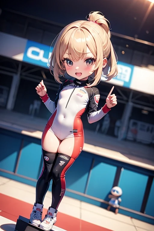 (masterpiece, best quality: 1.2), pretty girl, 18 yo, (white, race queen), (fight-fitting grid girl outfit with sponsor's logo printed:1.3), tight-fitting high leg leotard, long-sleeve latex leotard, medium breasts, cowboy shot, looking at viewer,
 short hair, 