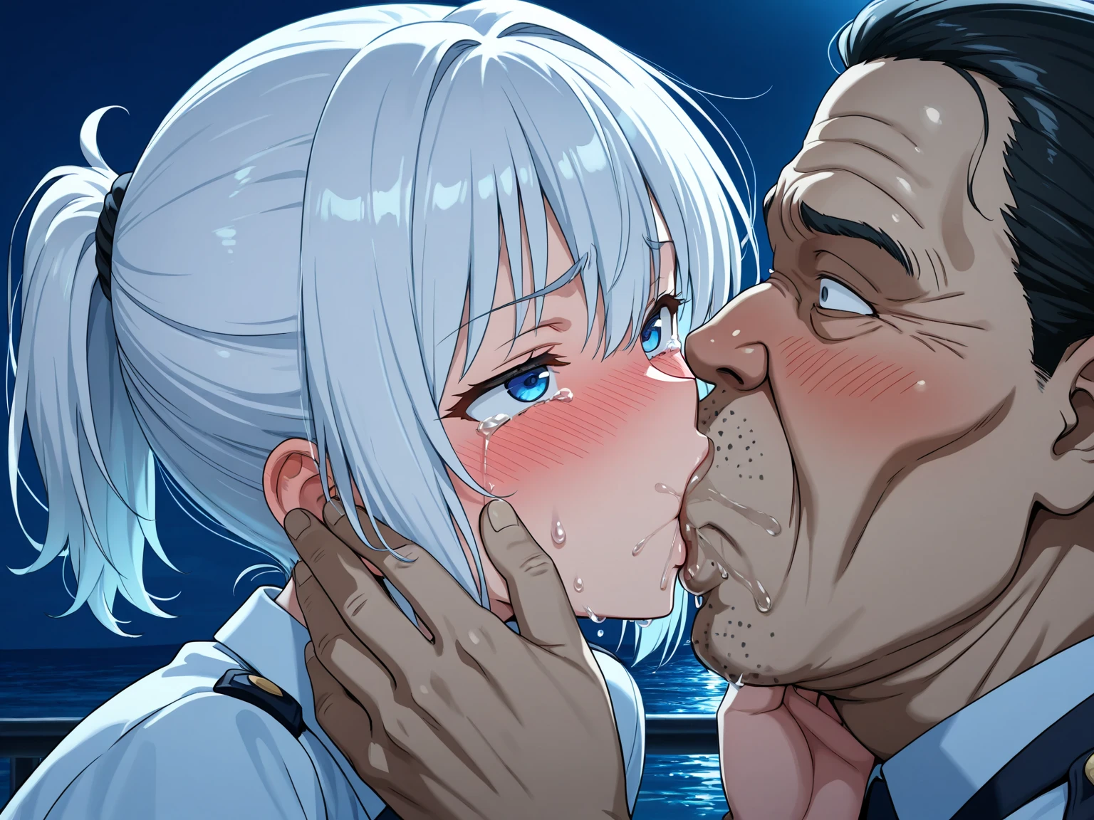nsfw, (masterpiece), (photo realistic1.4), ultra high res, best quality, 8k BREAK cowboy shot,(veiny penis:1.0), (large penis:1.1), (testicles:1.1), (1nude boy:1.2),(fellatio:1.9), (oral:1.0), (erection:1.2), solo focus, from side, 1girl, (idol master),(mizuki makabe) 16yo, an extremely beautiful girl, beautiful face, perfect face, cute symmetrical eyes, double eyelid, (yellow eyes),((Glasses)),((short hair, blue hair almost white)), (flat chest,small breast) narrow waist, (pubic blue hair:1.3), bsp, pussy juice dripping, no makeup, sweaty body, (wet hair), (wet skin), ((sweat)), ((steam)), (flat chests,small breasts), (slender), BREAK (((light blue shirt:1.2, short sleeves, Long necktie))), ((see-through)),((open clothes)), ((pubic blue hair:1.5)), ((on bed)), (have kneeling),((open mouths)), (smile:1.5), ,((steam)),(scatter sweat),(cum on body:1.9),(cum on head:1.3), (cum on Face:1.3),((Close one eye)),(stick out tongue),(in mansion,bed room,night),looking at viewer,