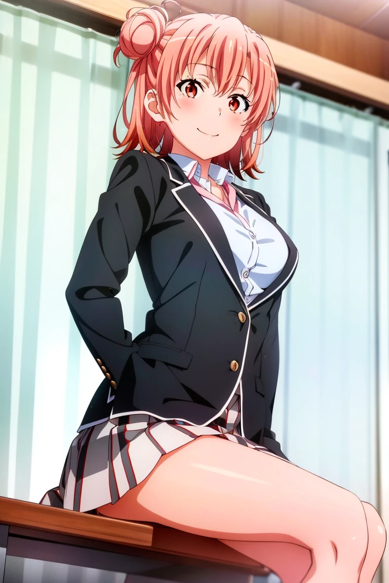 Highest quality, High resolution,  Pixel Perfect, 4K, (Beautiful Anime Girls), (Perfect hands:1.5), (Perfect Fingers:1.5), Written boundary depth, Observe the audience, Perfect body, yuigahama yui, Brown eyes, Detailed eyes, Single hair bun, (Big Breasts:1.2), Red ribbon, White shirt, Black jacket, Check skirt, School classroom, smile, blush, (Lift up the skirt:1.5), (Wide pelvis:1.5), (Thick thighs:1.5), (Pink Panties:1.5), (A close-up of the crotch:1.5), (From below:1.5)