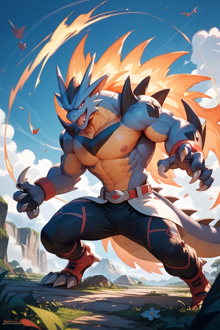 Pokemon Koraidon, muscular, big biceps, low perspective, on all fours