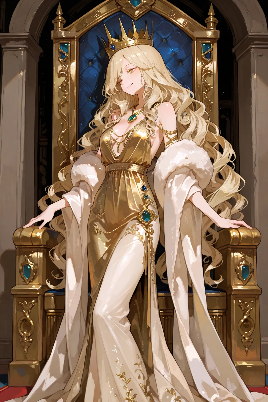 aphroditeS, 1 girl, blonde hair, blue eyes, huge breasts, traditional white greek clothing, cleavage barely covers her nipples, flower in hair, golden brand in arms, gold bracelet on one wrist, neckale, sitting on throne, close up,
masterpiece, best quality, highres, looking at viewer, (Light_smile:0.3), extremely detailed CG unity 8k wallpaper, perfect lighting,Colorful, (masterpiece:1.0),(best_quality:1.0), ultra high res,4K,ultra-detailed, photography, 8K, HDR, highres, absurdres:1.2, Kodak portra 400, film grain, blurry background, bokeh:1.2, lens flare, (vibrant_color:1.2), (beautiful_face:1.5),(narrow_waist), 