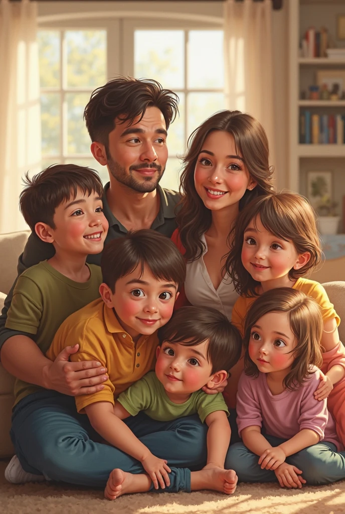 Couple with three children, one and two boys, semi-realistic