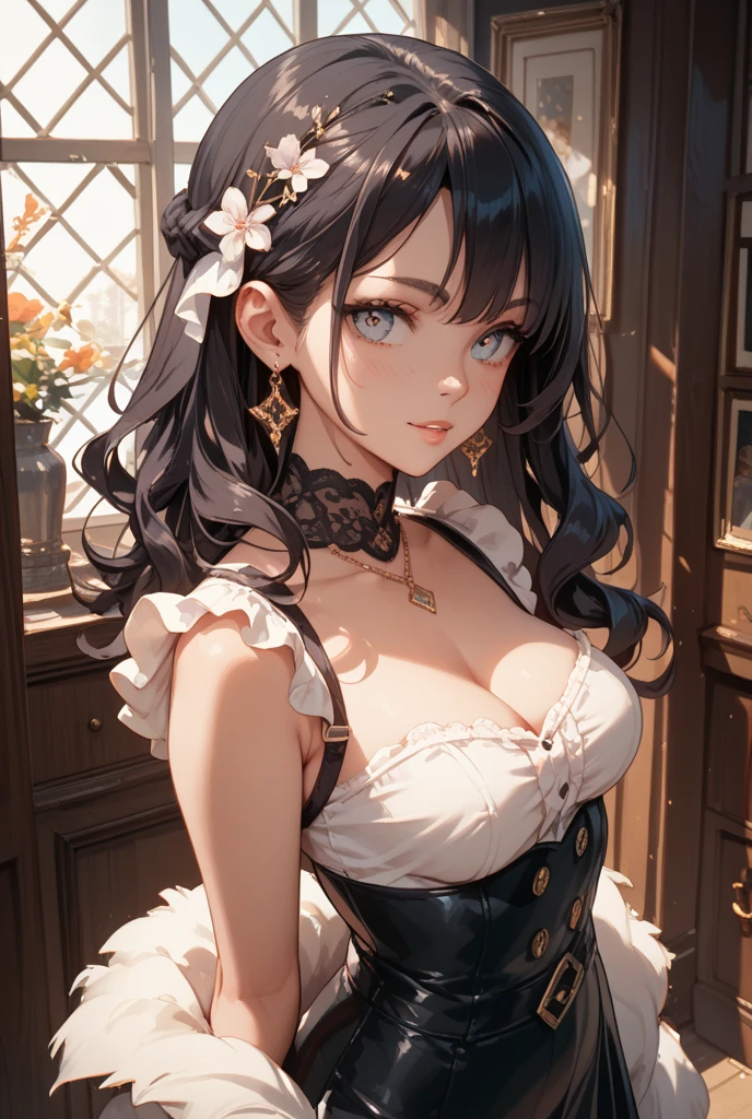 a beautiful detailed portrait of a girl with big eyes, full lips, smiling kindly, long eyelashes, wearing a frilly maid outfit of random colors, thin fabric clothing, in sensual poses, (best quality,4k,8k,highres,masterpiece:1.2),ultra-detailed,(realistic,photorealistic,photo-realistic:1.37),highly detailed face,maid clothes,intricate details,vibrant colors,dramatic lighting,structure of the film,anime-inspired art style,many moles on chest