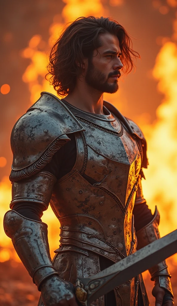 Mature man, Muscular and long haired, Wearing battle armor,, Moon Background, Surreal, Fantasy, Magic, Intricate details, Elevation, (Dynamic upper body posture: 1.1), Dramatic lighting, Depth of written boundary. Highest quality, masterpiece, Ultra-high resolution, (Anime Realism, Realistic: 1.4), Perfect composition, Centered, Symmetric
