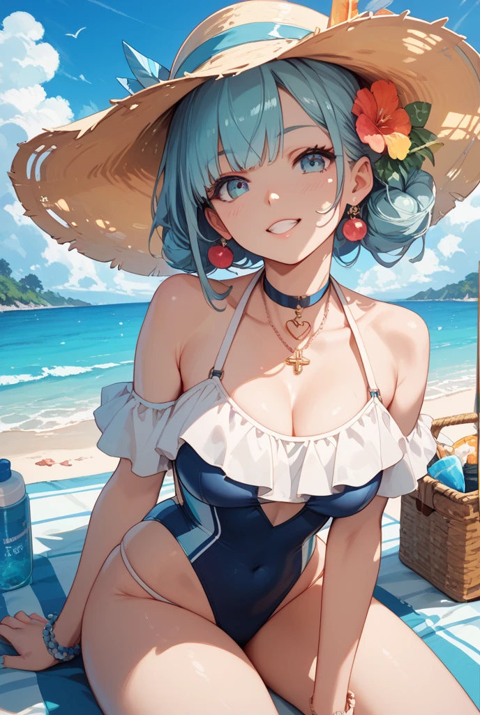 masterpiece, best quality, highres, bbkiyo, long hair, (green hair:1.2), white horns, hair flower, yellow eyes, detached collar, cleavage, school swimsuit, blue one-piece swimsuit, elbow gloves, white gloves, white bow, <lora:kiyohime_(lancer)_v1:0.7>, beach, wariza, sunlight,  <lora:Nekodaruma-Style_92390:1>