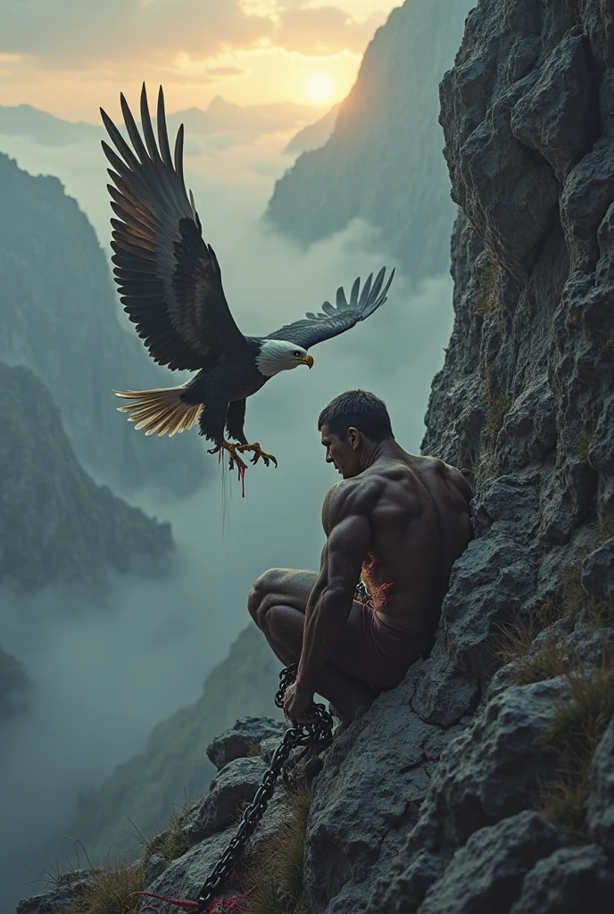 Start with a dramatic scene of Prometheus chained to a rock, with an eagle eating its liver in a dark and stormy setting.