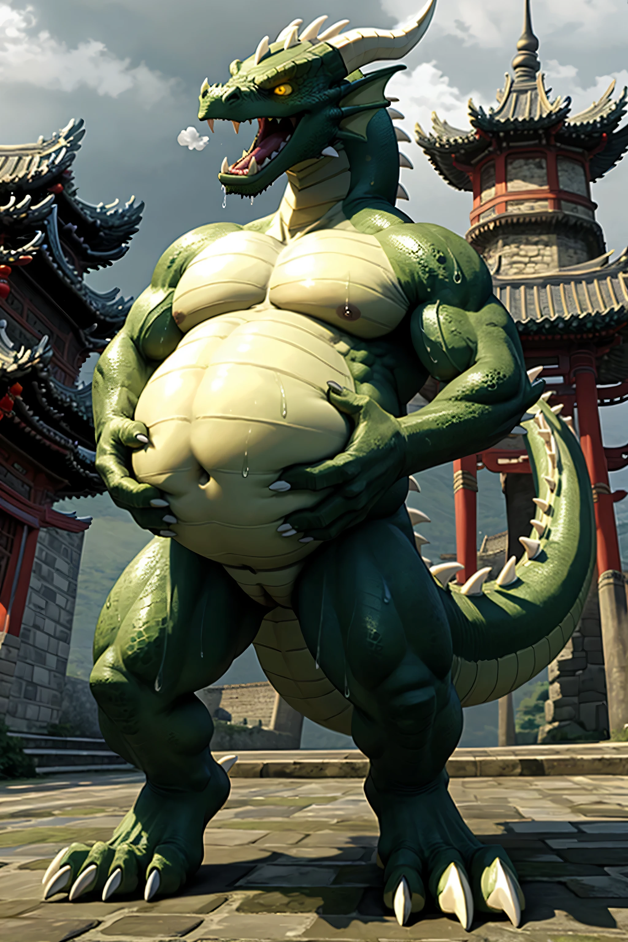 shendu, eastern dragon king, male dragon, eastern dragon,hefty body, with very big muscles, hulking, huge, colossal body, extremely strong, big abdominal muscles, hefty musclegut, pecs, Strong and robust musclegut , prominent muscle abs, sharp claws, legs, feet, full body, loincloth, HDR, nipples, sunlight, daylight, outdoor, bright , at noon, good weather, 4k, best quality .