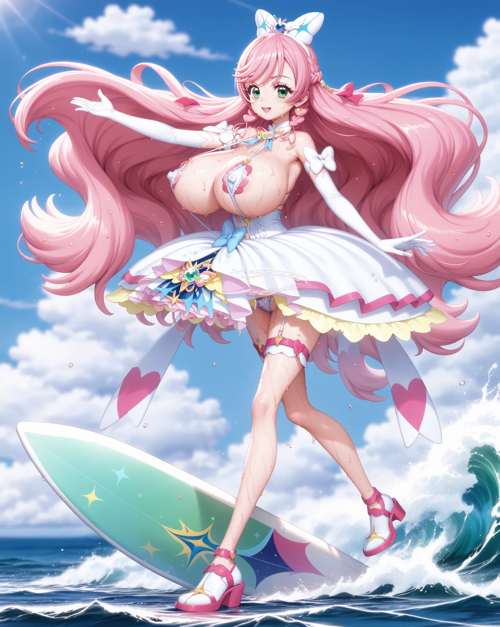 a 1girl、Bright、pink hair、Star motif、multicoloured hair、Blue eyes、Sareme、Mask on the head、Sidelight、Particles of light、wallpapers、Big Boobs、voluptuous Idol、bswimsuit、Loose fluffy、quiet、smiling smile