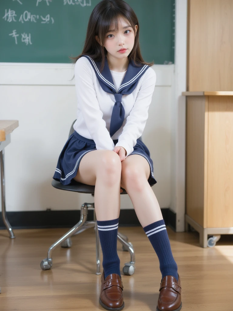 ulzzang -6500-v1.1, (Raw foto:1.2), (Photorealsitic:1.4), a beautiful detailed girl, extremely detailed eye and face, beatiful detailed eyes, Ridiculous, unbelievable Ridiculous, huge filesize, ultra-detailliert, hight resolution, ighly detailed, top-quality, masterpiece, Kemomimi, ((Japanese girls' high school uniform)), illustratio, ighly detailed, nffsw, unification, 8k wallpaper, astonishing, finely detail, masterpiece, top-quality, Highly detailed ticker uniform 8K wallpaper, face lights、Cinematographic lighting、1girl in、sixteen years old、(witheout panties)、((dynamicposes)))、(camel's toe)、(half)、、(Crooked knees and legs sitting))