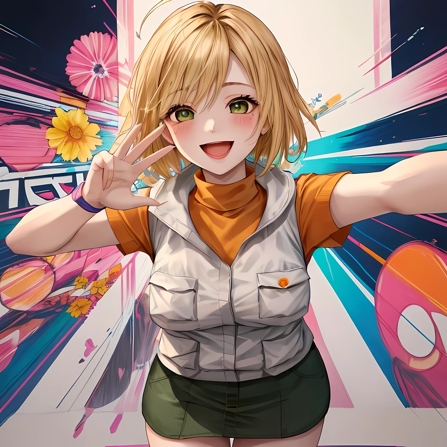 **Prompt:** half body portrait, Create a vibrant and charming portrait of a cute girl resembling Heather Mason waifu. She is alone, showcasing her best body shape with an endearing presence. She has short, stylish blonde hair that adds to her playful aura. Dressed in a white vest layered over an orange turtleneck, complemented by a green skirt and high thigh boots, she exudes a colorful and lively spirit. Capture her in a cute girl pose, radiating happiness with a big, smiling, sweet face, and expressive eyes. Focus on detailed facial expressions that convey genuine excitement, highlighting her beautiful, sweet features. Include a wink that adds a touch of playfulness to her expression, making the viewer feel her joyful energy. The background should be soft and inviting, enhancing her vibrant outfit and cheerful demeanor. Wide camera angle scenery.