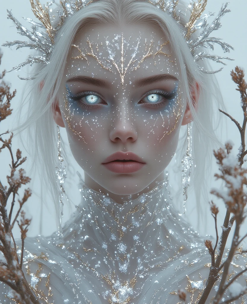otherworldly analog photo, (dynamic pose:1.2), (dynamic camera), (Scandinavian woman with a face painted with a swirl pattern, glittering diamond star tiara), posing for fashion, (long silver hair that flows like a river, wind floating hair), snowflake, (intricate snowflakes volumetric abstract background:1.3), in the style of intimacy, dreamscape portraiture, solarization, solarization effect, reflections and mirroring, shiny kitsch pop art, photobash, (composition centering, conceptual photography), (natural colors, correct white balance, color correction, dehaze, clarity), detailed textures, photography, detailed photography, photoshadow, <lora:Snowflakes-V1:0.5> <lora:add_detail:0.25> <lora:beautiful eyes:0.5>