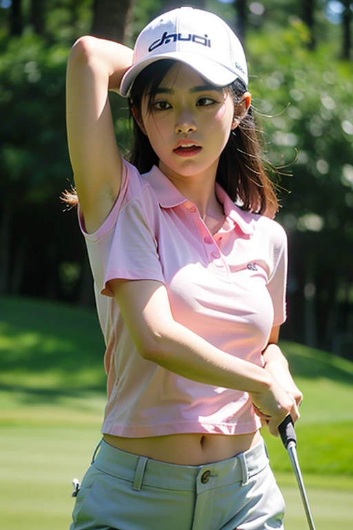 ((highest quality)), ((masterpiece)), (detailed), Perfect face Japanese female golfer,Tank tops and ,Squatting on the green,Angle from below,Putt's Grass Reading