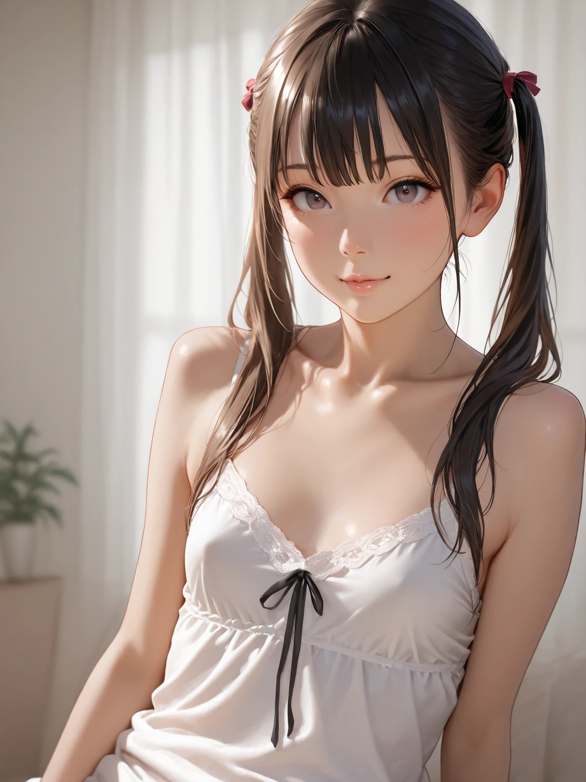 very cute and beautiful girl,(highly detailed beautiful face and eyes),(smile:1.2),blush,black hair,low twintails,looking at viewer,
wet,sweat,standing,(transparent white camisole),arms behind back,exposing thighs,antique hotel room,gorgeous furnitures,window,ocean view,
(best quality,masterpiece),absurdres,highres,ultra-detailed,extremely detailed,32k,8k resolution,
intricate details,cinematic scene,detailed background,solo,dynamic angle,