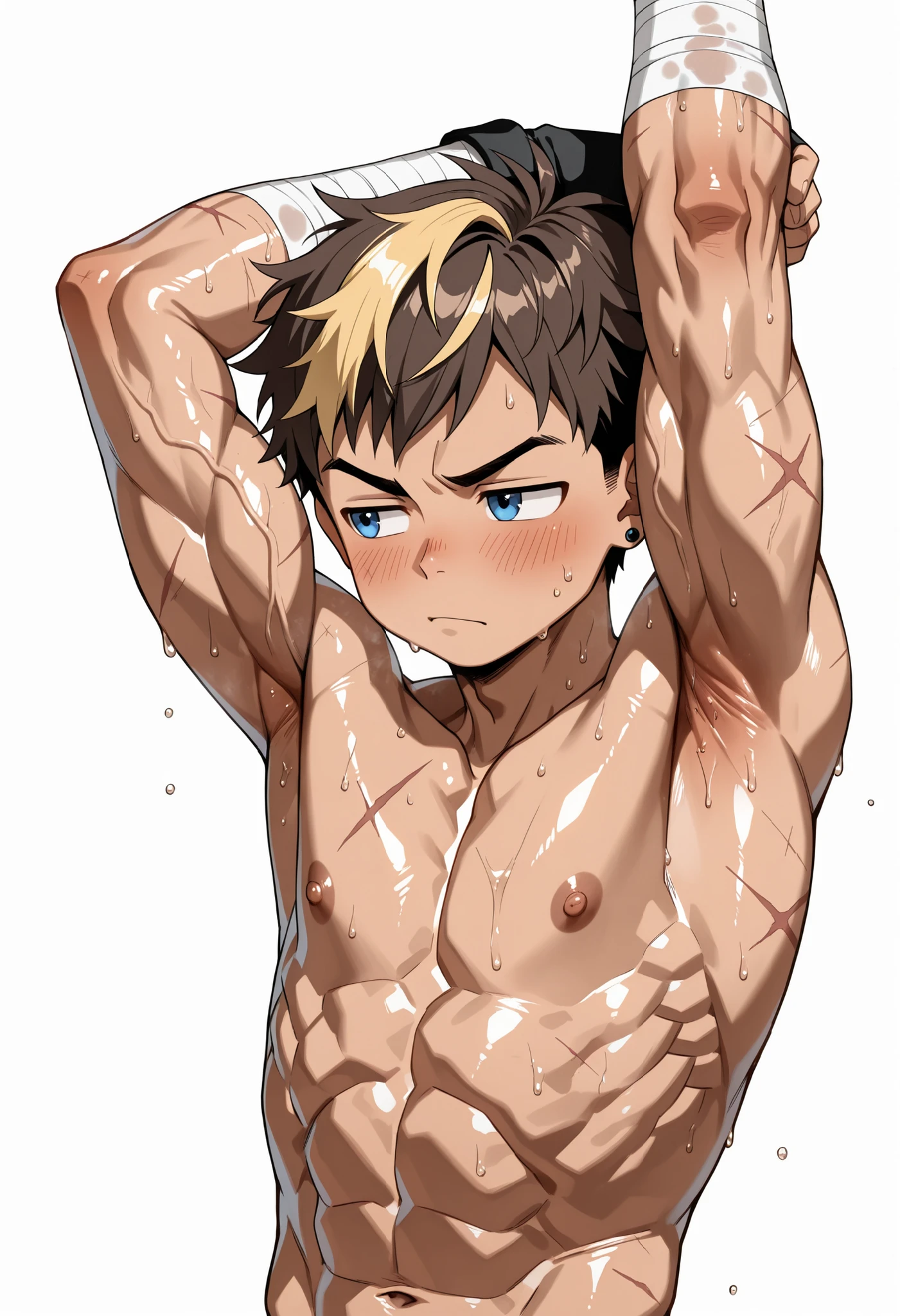 Highres, Masterpiece, Best quality at best,Best Quality,hight quality, hight detailed, 1boy, Kid Shota, Horn, Dark skin, Thong, Forehead open, (Very thin body), (very young kid), (very small and short body), 10-Year-Old-Boy, (Showing armpit:1.3), Earring, Choker, Sweat, Simple beckground