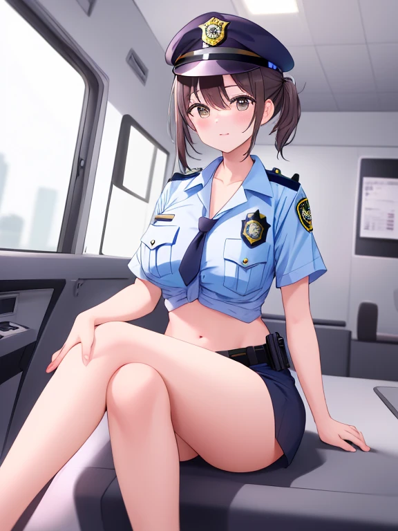 ((Highest quality))、((masterpiece))、(detailed)、((Anatomically correct))、One Woman、aldult、(look at me)、cowboy shot、(Ultra-glossy skin with attention to detail:1.1)、Glowing Skin、bangs、Short Hair、Shiny black hair、(Beautiful Eyes:1.3)、Slim figure、medium breasts、(Police Officer)、Police Navy Blue Uniform、Navy Blue Skirt、Police hat、Unbuttoned police uniform、tits、Nipples、(skirt lift:1.2)、Black lace panties、garter belt、Black knee-high tights、Police car