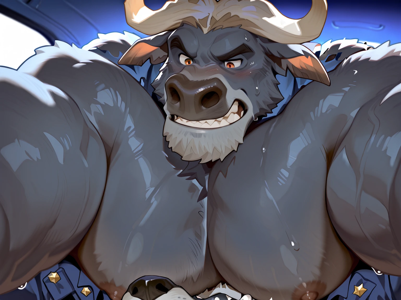 Author: Takemoto Arashi, (1 boy), One, Ahab, bull, black fur, Two horns, white horns, white beard, white chest hair, Men's Second, kemono, hot body, muscle, Beautiful, sexual, Attractive guy, (Detailed grey eyes), brows, (masterpiece, A high resolution, Best quality), 4K, a male, Ahab portrait, Beautiful shadow, nipples, wearing dirty fundoshi, showing musky armpit,White armpit hair,Stinky body.