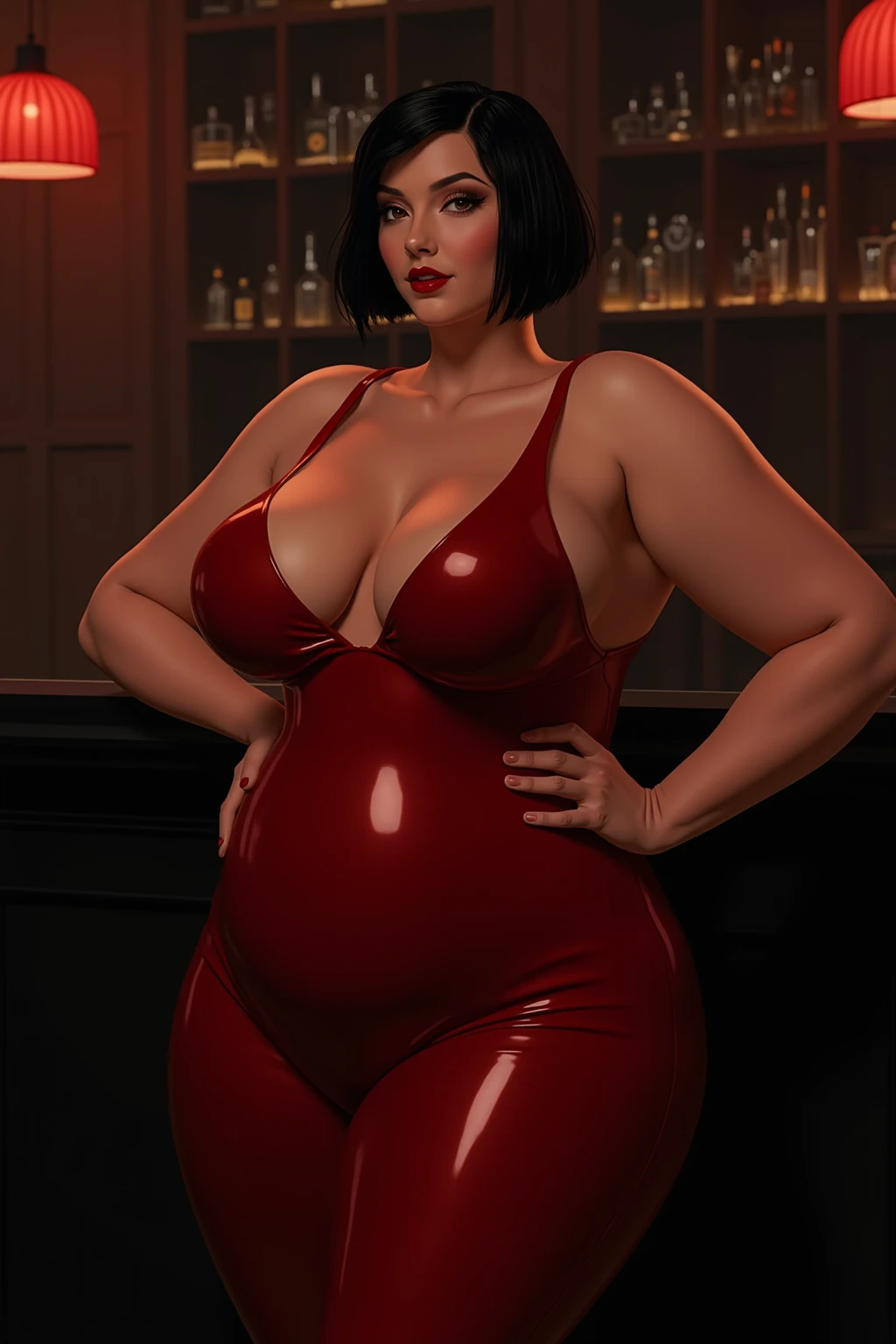 Fat pregnant triss merigold, red lipstick, eyeshadow, blushed, surprised, big cheeks, leather bikini, Big lips, double chin, chubby body,bbw, morbidly obese, pregnant belly, holding a potion, uncontrollable weight gain 