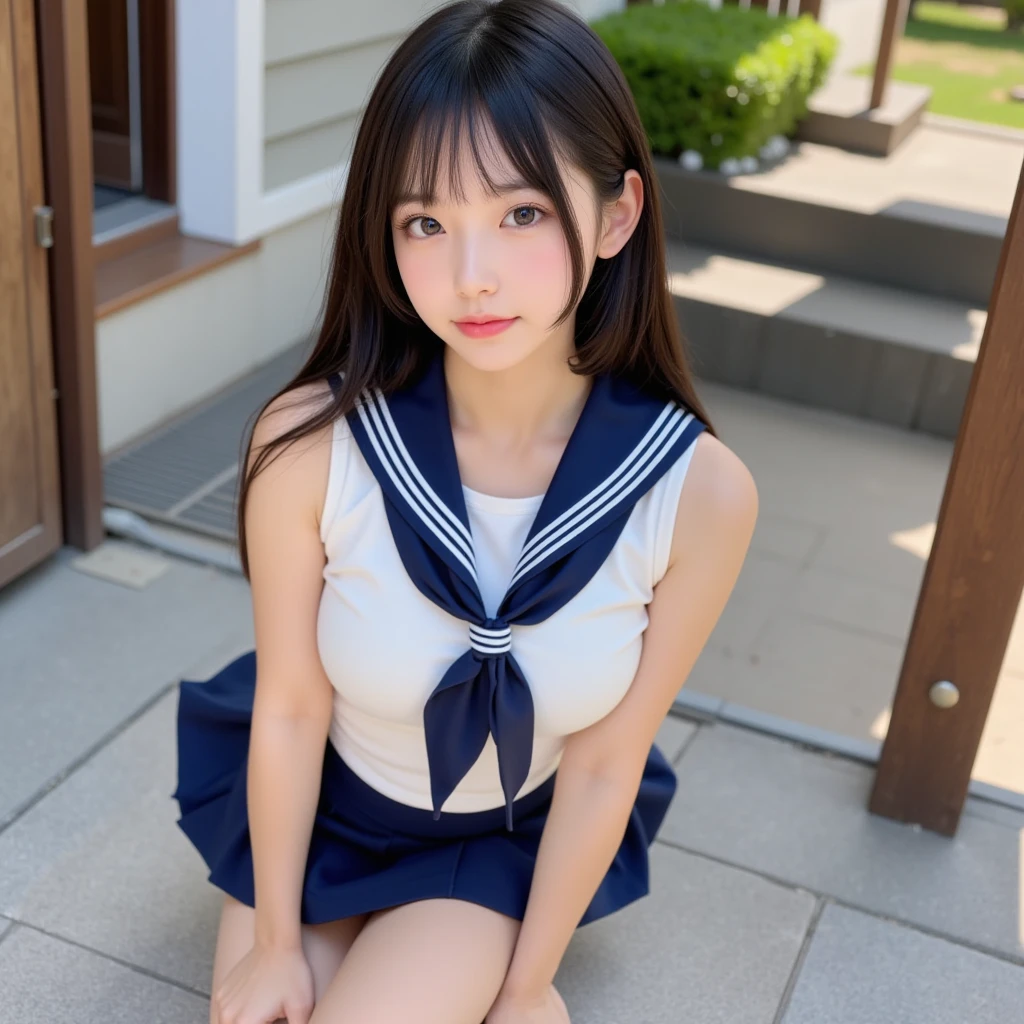 japanes、girl with、1人、sixteen years old、A dark-haired、length hair、high-school uniform、a sailor suit、やぶけた白いa sailor suit、Underwear on bare chest(Ren Hao)is visible、shortsleeves、cleavage of the breast、Dark blue mini skirt、thighs thighs thighs thighs、knee sox、tiny chest、Gentle smile、lightly dressed、Skin revealing