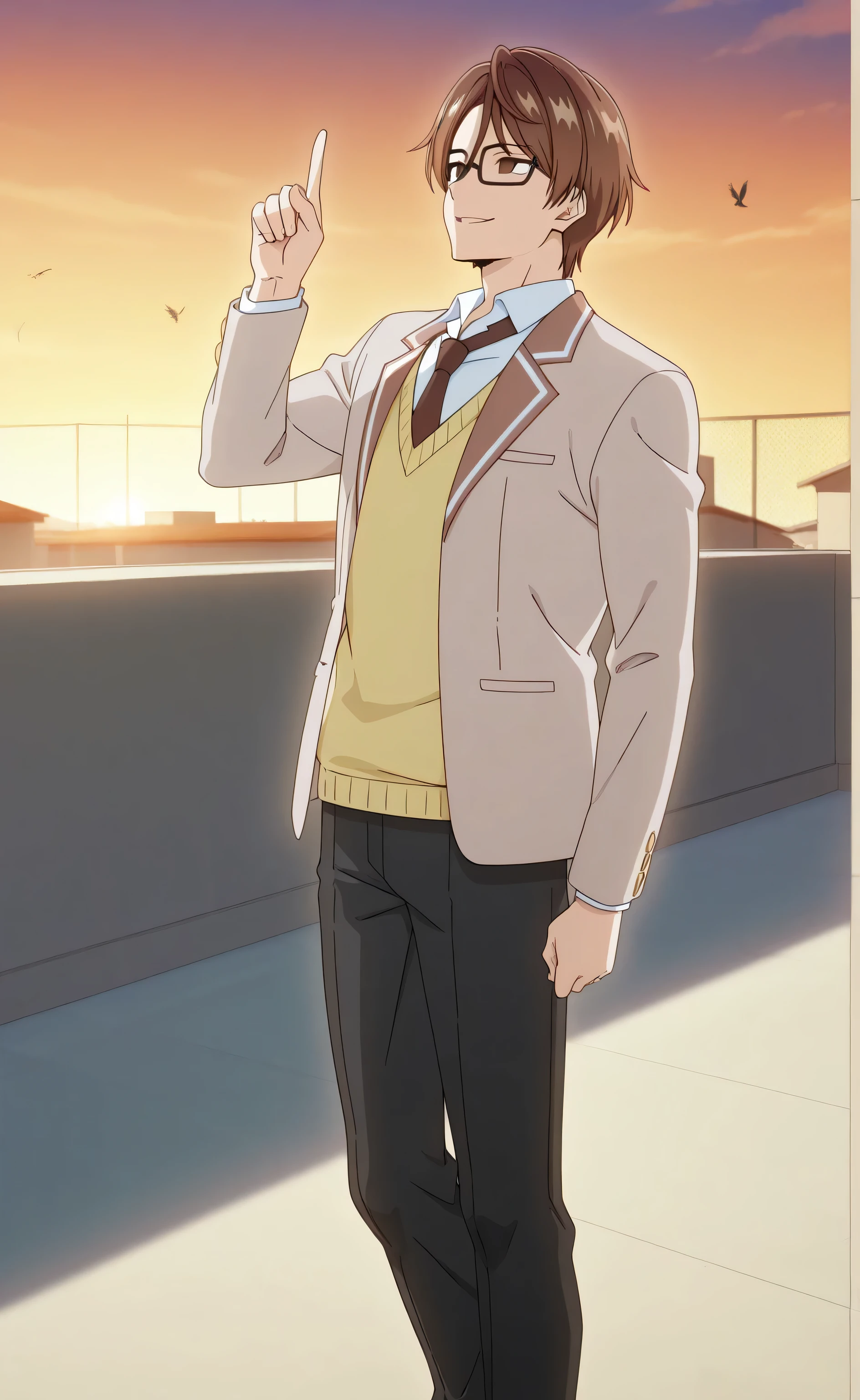 1male,solo,Sōsuke Aizen,short hair,brown hair,brown eyes,2/3eyes,empty eyes,Deceptively gentle smile,squa glasses,black glasses,beige blazer,white shirt,dark brown necktie,yellow sweater vest,Black pants,muscle,standing upright with feet together. One hand is resting on the waist, while the other arm is raised upward. The raised hand is relaxed, with the index finger pointing straight up and the thumb extended outward. The person’s head is slightly tilted downward, creating a calm but iconic pose. Focus on the pose and gesture,rooftop,school,sunset,crows,black feather(Tokidoki Bosotto Russia go De Dereru Tonari No Alya san [Anime style]）