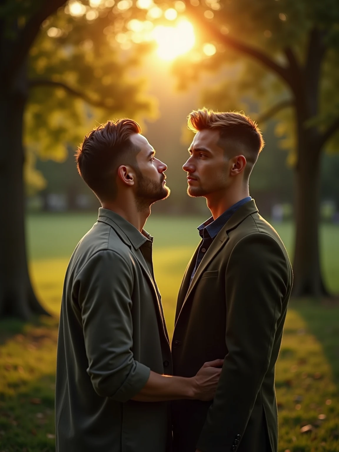 Two men are sitting on a park bench and kissing.