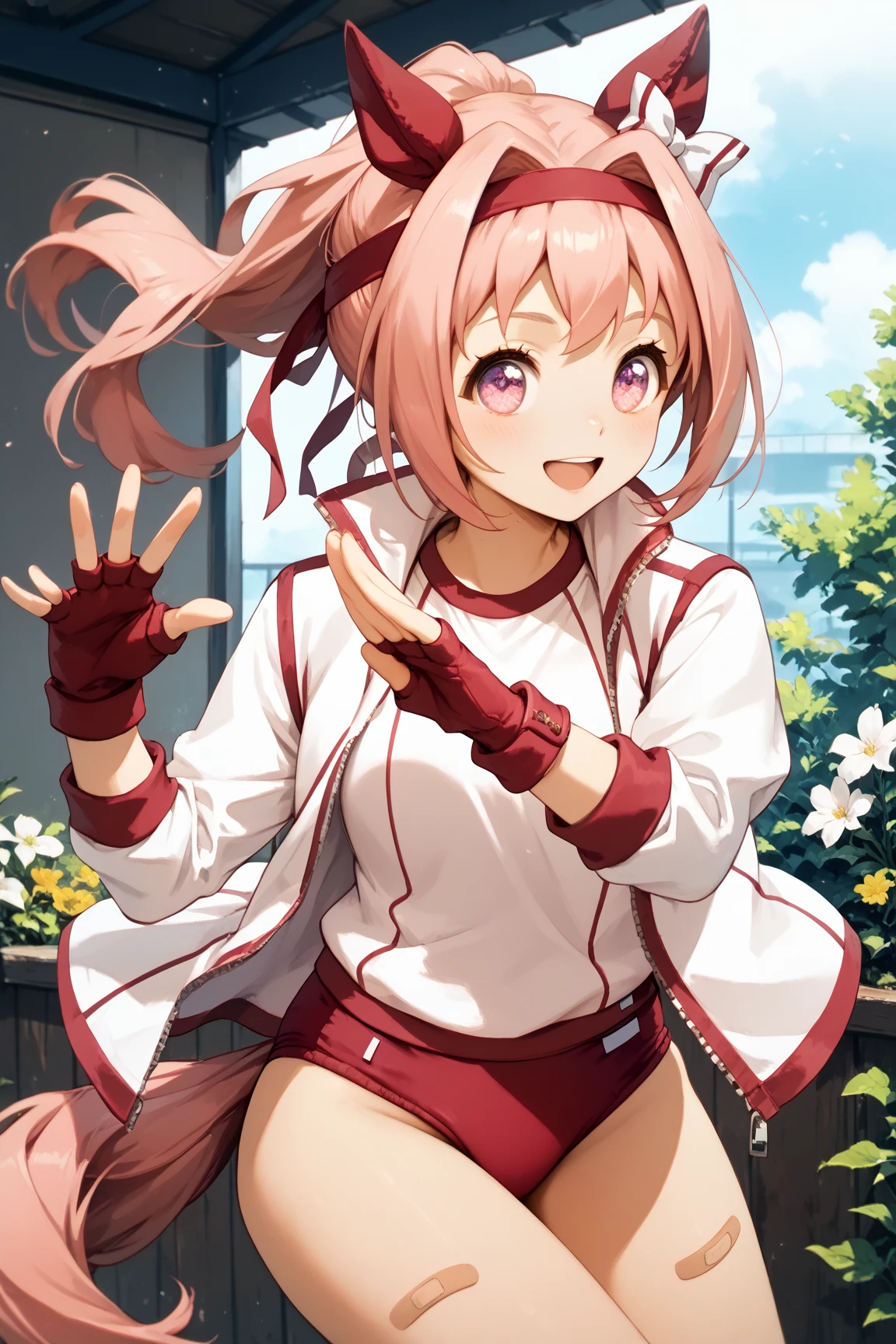masterpiece,best quality, 1girl,solo,haru urara,gym uniform,jacket, shirt,red buruma, fingerless gloves,flat chest,smile,living room,window,,(bandaid on leg:0.5)
<lora:haruUraraUmamusume_lohaVer:0.8>