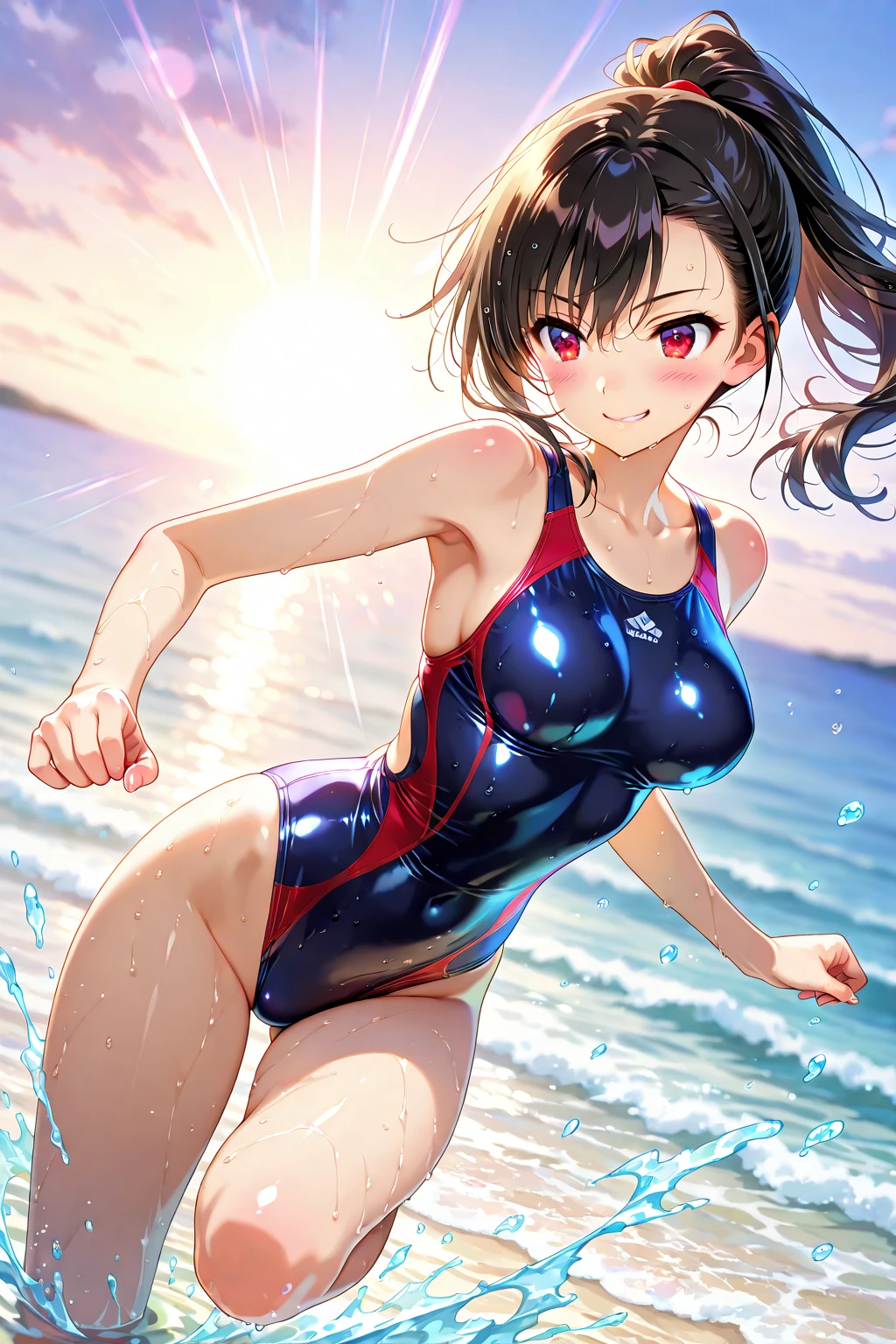 best quality, masterpiece, ultra high res, (photorealistic:1.4), RAW photo, Intricate details, ((Perfect Anatomy)), Big beautiful eyes, Perfect contours, masterpiece, One girl, Shortcuts, Medium chest, Olympic Swimmer, (one piece, turtleneck,No sleeve), Transparent and clear sapphire glass swimsuit, tight high leg swimsuit, ((Shooting from below, looking up:1.2)), Portrait, View your viewers, Outdoor swimming pool, Partially submerged, Wet Skin, Quiet Smile, (armpit)