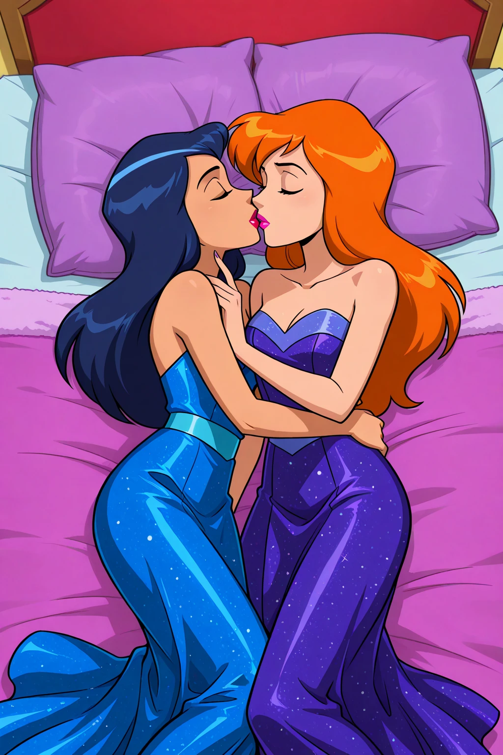 "An illustration of a couple in an intimate and romantic setting, with the woman confidently sitting on top of the man who is lying on a bed. The woman has a joyful and empowered expression, using her hands to gently touch her own chest and abdomen. The scene should convey emotional connection and mutual pleasure, using a style that combines cartoon and caricature elements with vibrant and expressive colors. Ensure the background is simple, focusing on the bed and the couple, while keeping the depiction tasteful and respectful."