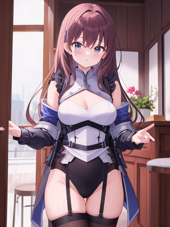 woman,Brown Hair,Straight Long Hair,Koukawa Asuka,garter belt,Large Breasts,police,Happy face,Leg spread,Maid Cos