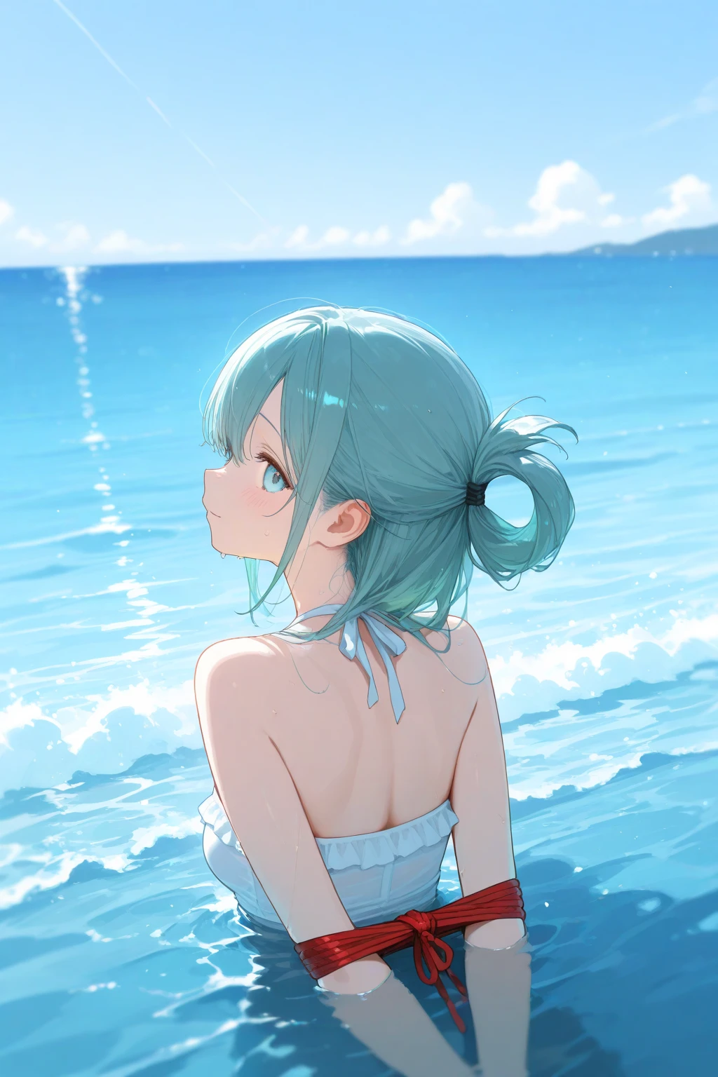 Sunnyday，sea beach，swim wears，grin，Super detail，High quality，High details，Best quality，Best quality，Light blue hair，from behind，from above
