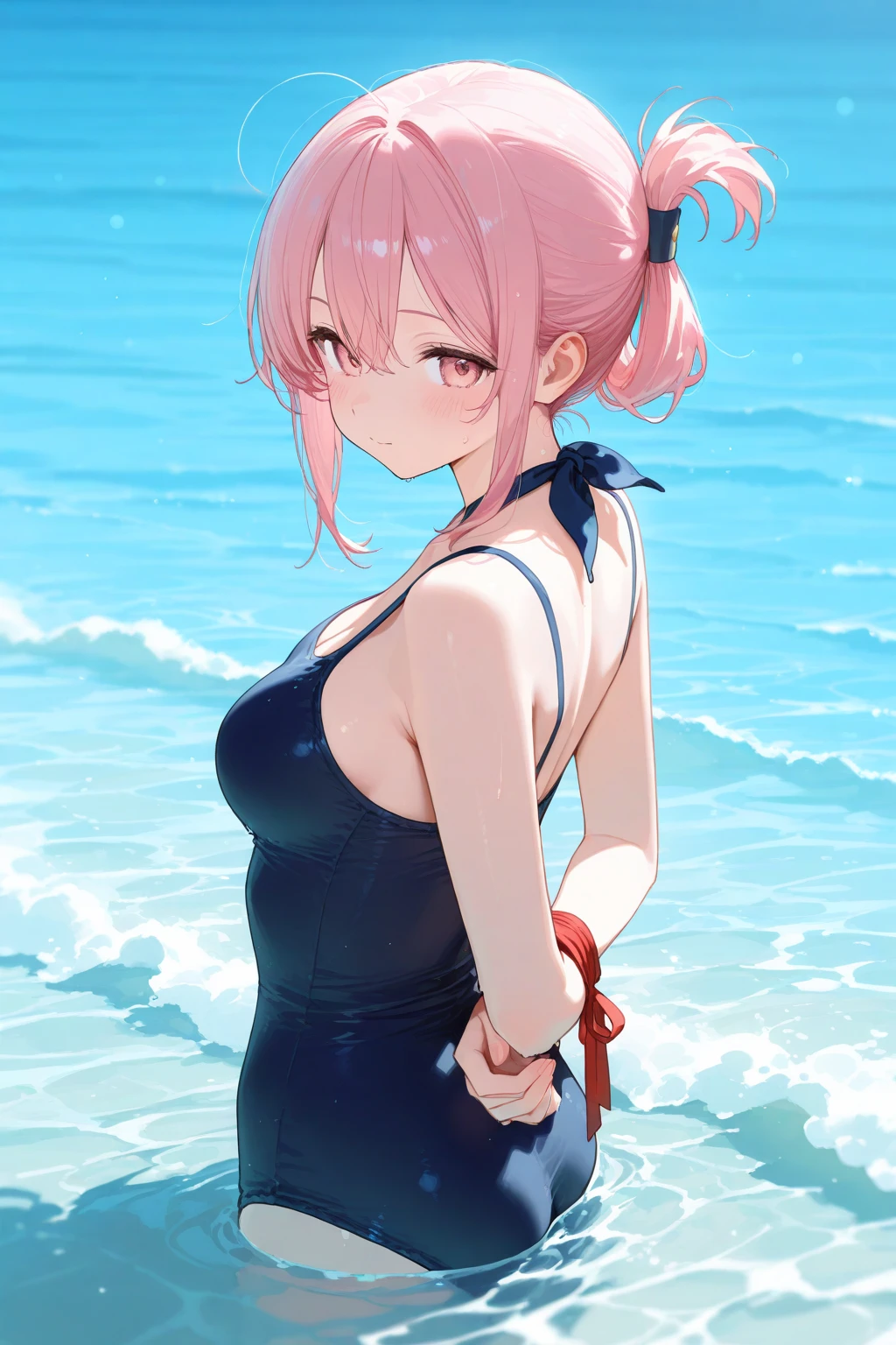highquality illustration, masterpiece, very delicate and beautiful, 1 girl, bob hair, 18 years old, (from behind:1.7), (shot from behind), back, (full body:1.5), seductive smile, (huge breasts:1.5), ((school swimsuit, high-leg swimsuit, highleg)), pool, wet skin, choker, pink hair, pink eyes, (detailed eyes:1.5, shining eyes), beautiful eyes, (masterpiece, best quality:1.2), (wide shot:1.4)