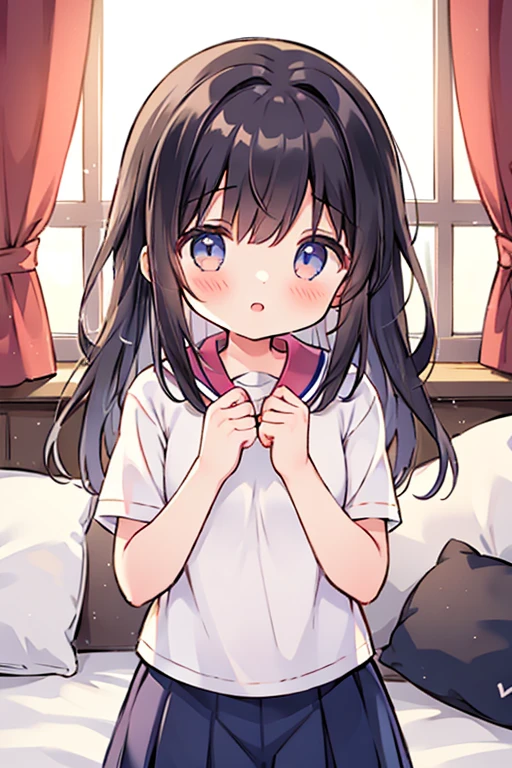 masutepiece, Best Quality,Illustration, Wallpaper, Ultra Detail, Little Face Lori、(((molesting)))、((fear:1.3))、(Teary-eyed:1.5)、(((Cute underwear)))、ample breasts、student clothes、Semi-long hair、made to sit and spread legs