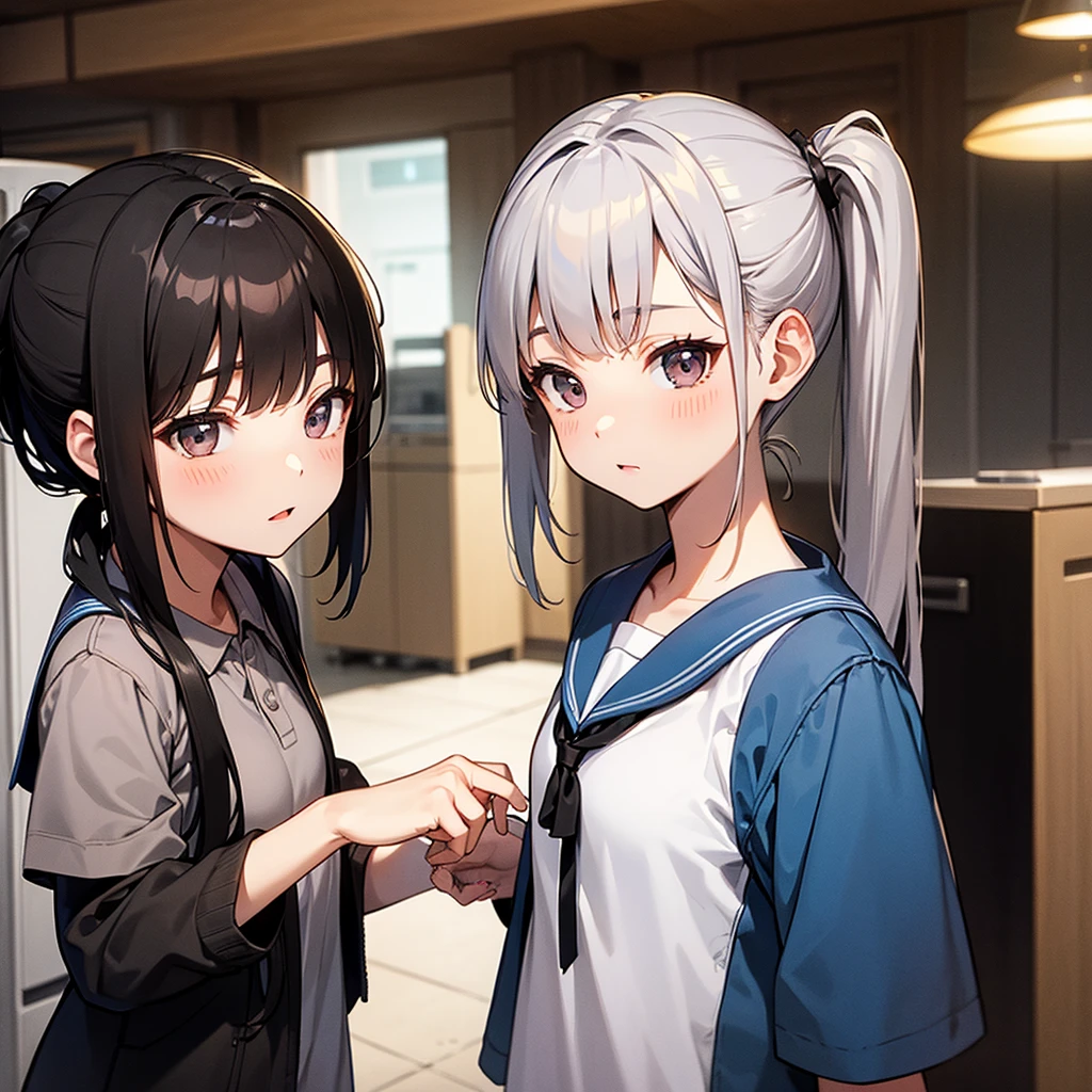 anime girl with long hair and a ponytail standing next to another girl, Kantai collection style, cel shaded anime, shikamimi, anime style like fate/stay night, gapmoe yandere, anime maid  ss military, girls frontline style, from girls frontline, High-quality fanart, highschool background, facing off in a duel, anime scene, twintail