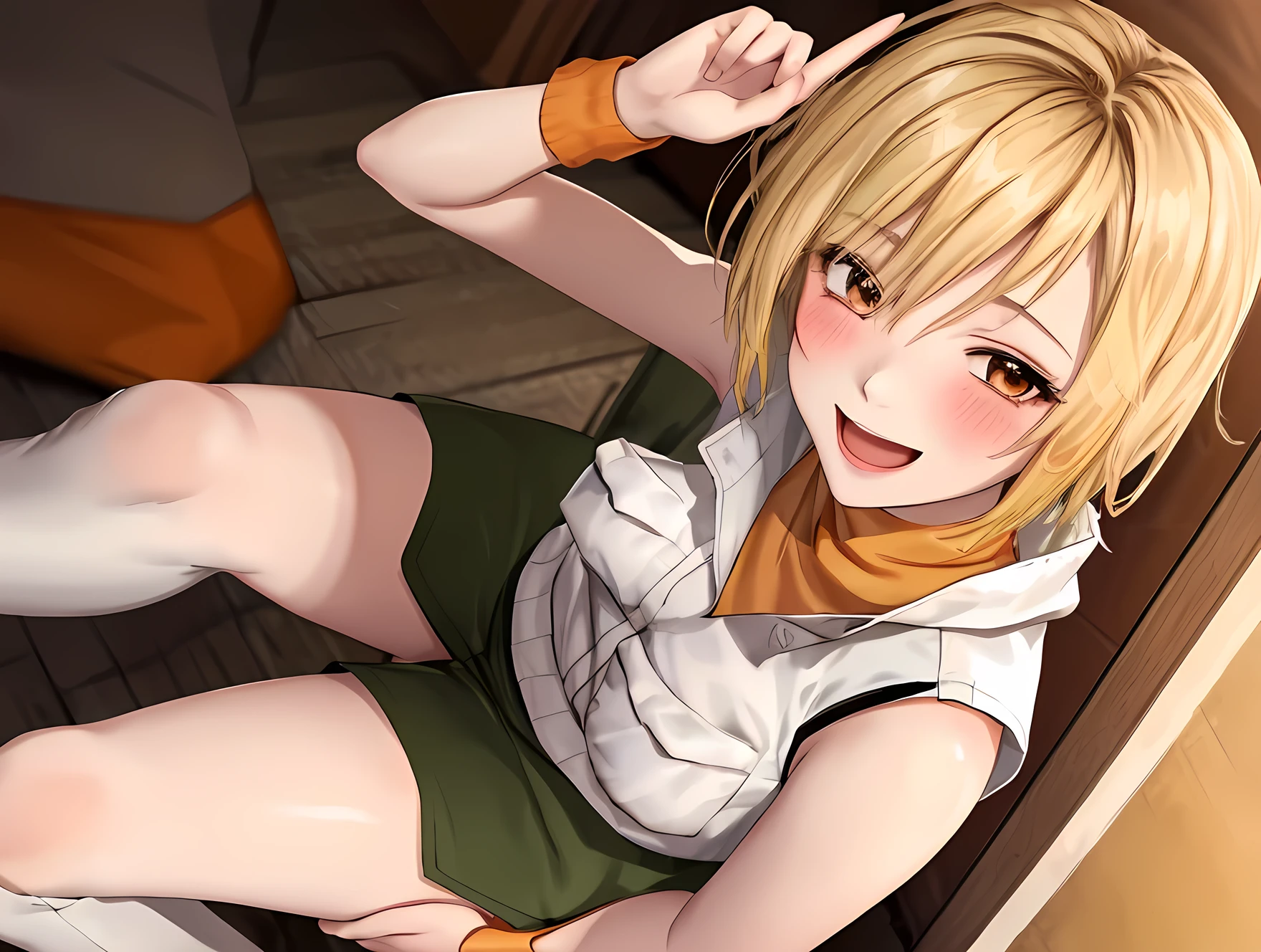 **Prompt:**   half body portrait,  Create a vibrant and charming portrait of a cute girl resembling Heather Mason waifu. Expressive wink eyes, showcasing her best fully body shape with an endearing presence. She has short, stylish blonde hair that adds to her playful aura. Dressed in a white vest layered over an orange turtleneck, complemented by a green skirt and high thigh boots, she exudes a colorful and lively spirit. Capture her in a cute girl pose, radiating happiness with a big, smiling, sweet blushing face, and expressive eyes. Focus on detailed facial expressions that convey genuine excitement, highlighting her beautiful, sweet features. Include a wink that adds a touch of playfulness to her expression, making the viewer feel her joyful energy. The background should be soft and inviting, enhancing her vibrant outfit and cheerful demeanor. Wide camera angle scenery. 